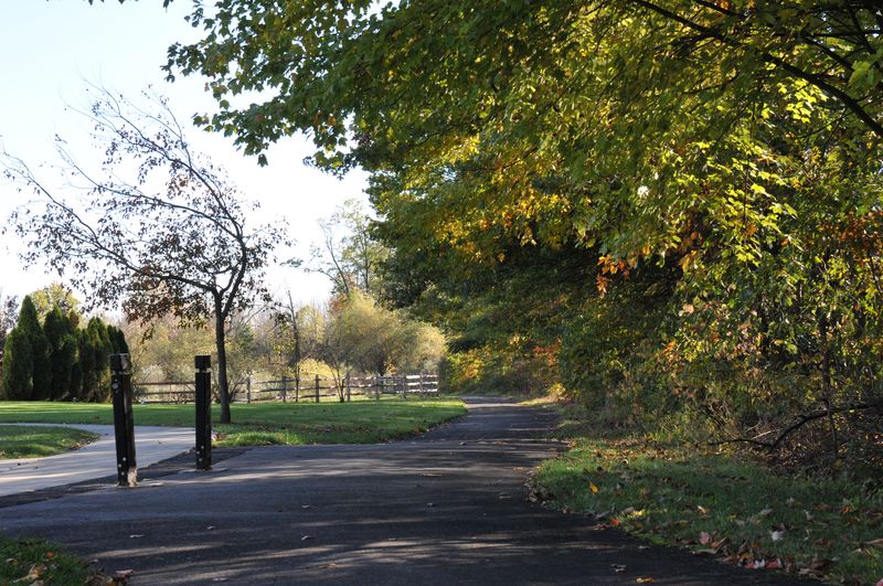 Walking path entrance under autumn trees