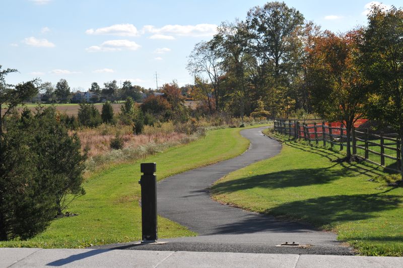Walking path winding through a meadow beside a split-rail fence