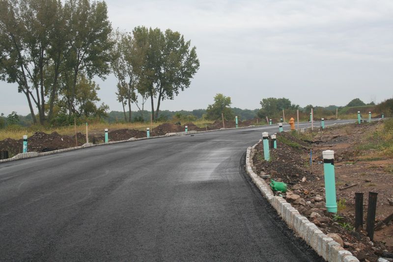 Finished road with curbing and utility markers along the lots
