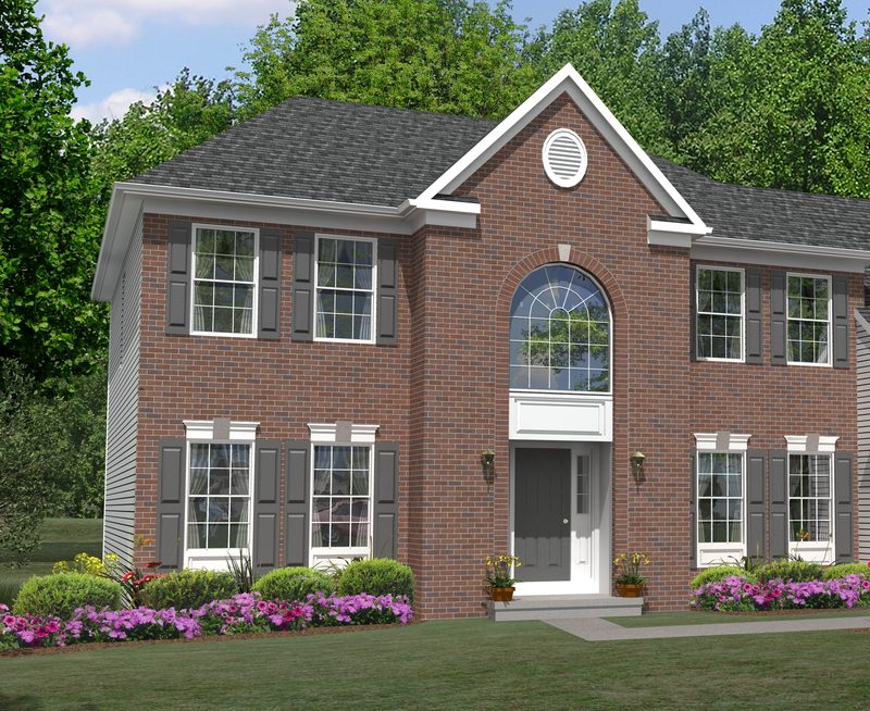 Rendering of The Lexington, a two-story brick colonial with an arched window above the entry