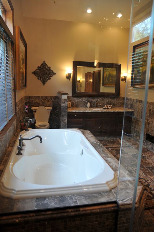 Soaking tub in a tiled surround