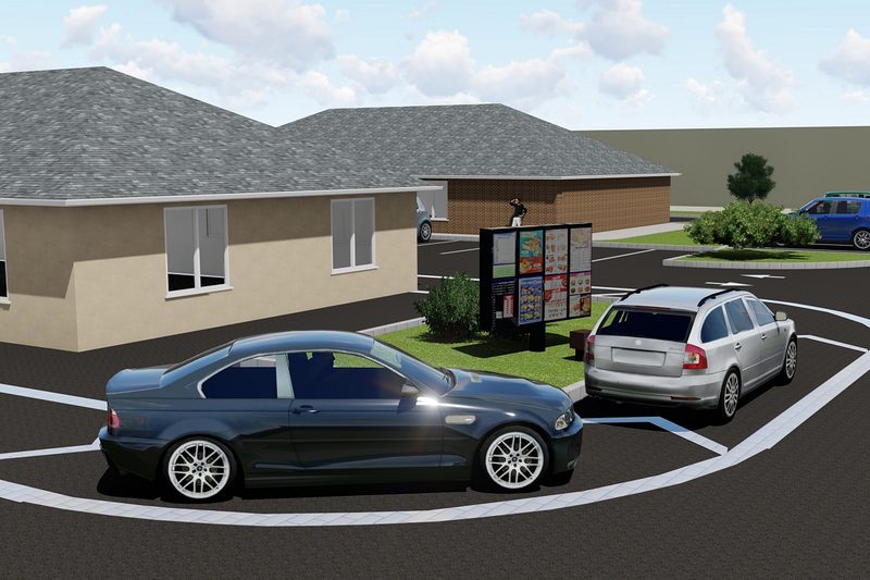 Rendering of the fast-food drive-through lane and menu board