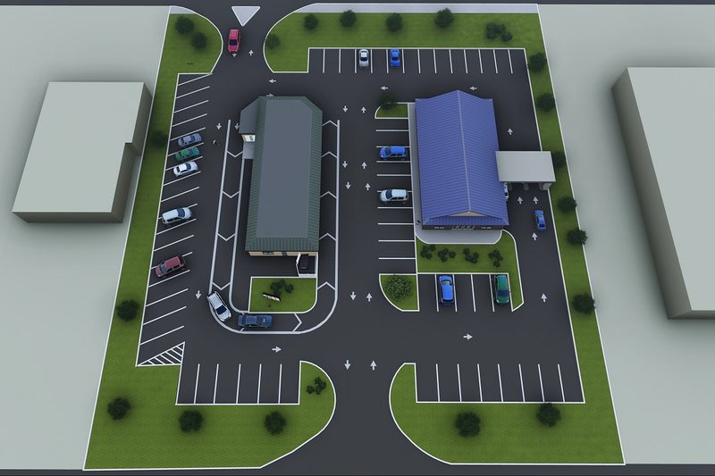 Rendering of the Penn Square site from above, with a bank and a fast-food restaurant, parking and drive-through lanes